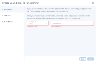 A window requesting the country code and phone number of the user