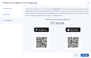 Window showing OTP code and QR codes to download and install either Android or iOS version of ID verification app