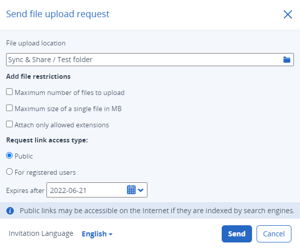 Send Upload Request dialog where restrictions, access type, expiry date and languiage can be set.