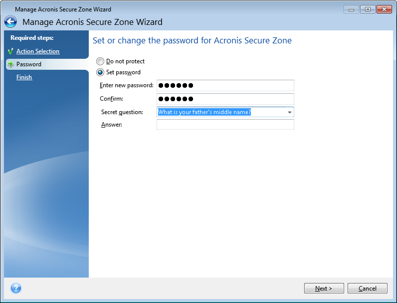 acronis true image secure zone password